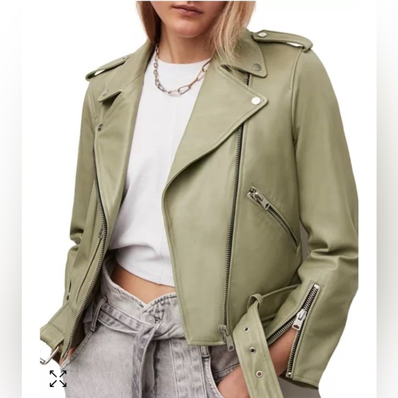 All Saints Jackets & Blazers - ALLSAINTS Women's Balfern Leather Biker Jacket in Soft Sage Size 6